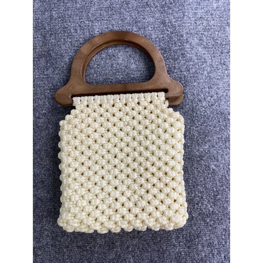 Vintage 70s‎ Macrame Handbag Cream Wooden Handles Boho Handmade Purse Festival - Picture 4 of 15